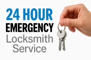 24 hour emergency locksmith service banner with bold text and a hand holding silver keys on a white background.