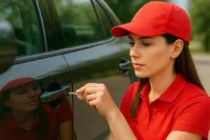 Professional female locksmith in a red uniform unlocking a black car door with a key on a sunny day