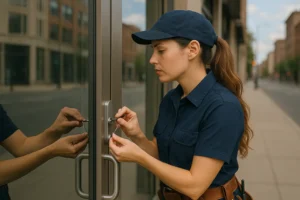 Professional female locksmith unlocking a commercial glass door in an urban setting using precision tools.
