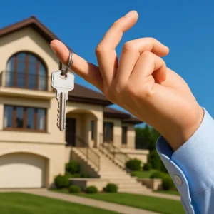 Close-up of a locksmith’s hand in a blue shirt holding house keys in front of a modern two-story home, symbolizing residential locksmith services.
