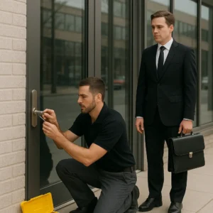 Two professional locksmiths outside a commercial building; one kneels repairing a glass door lock while the other in a black suit holds a briefcase, with a yellow tool kit on the sidewalk.