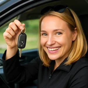 Smiling woman in a car holding up car keys, representing successful vehicle ownership or locksmith services.